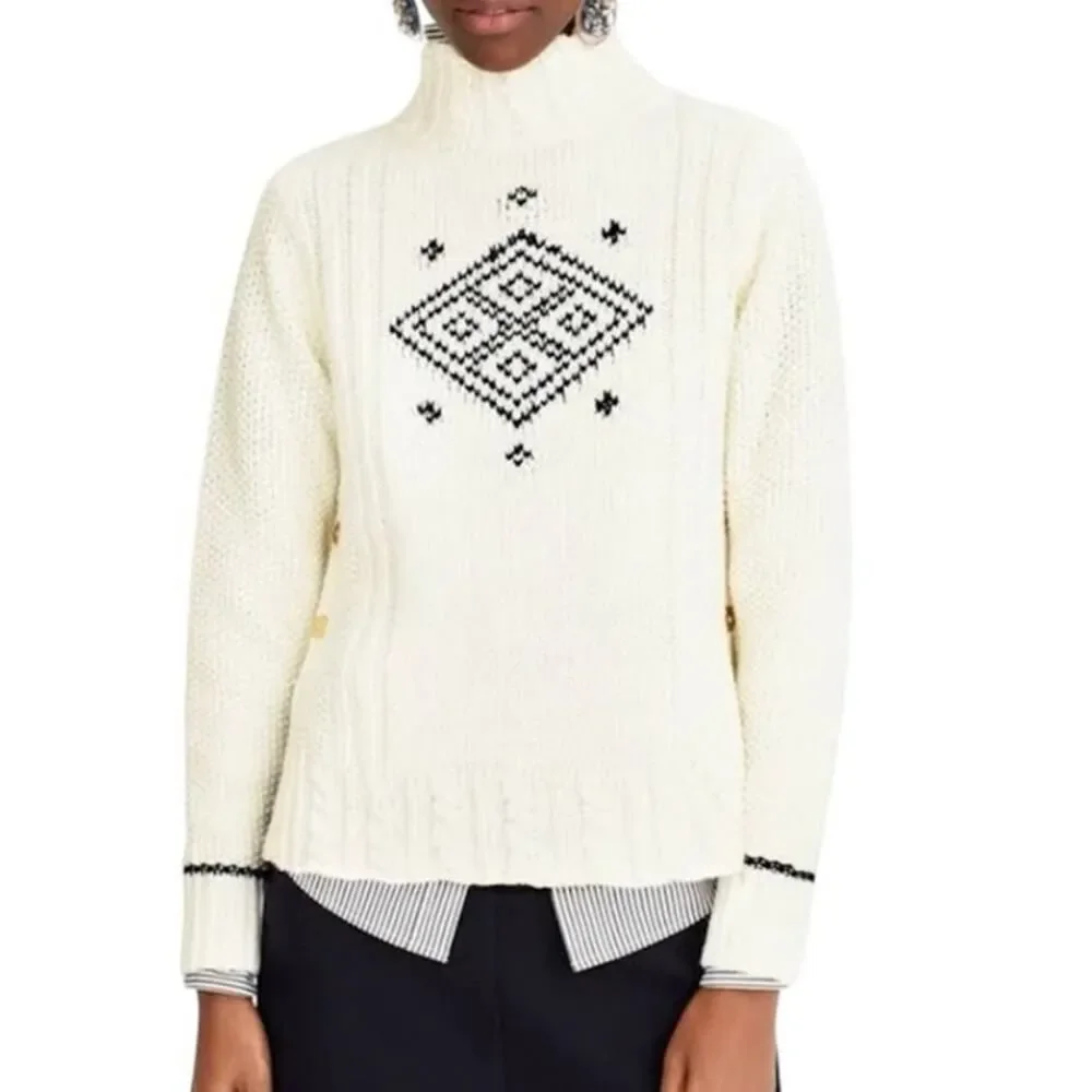 The Reeds X J Crew Side Button Sweater Cream Diamond Mock Neck Knit Women Size S